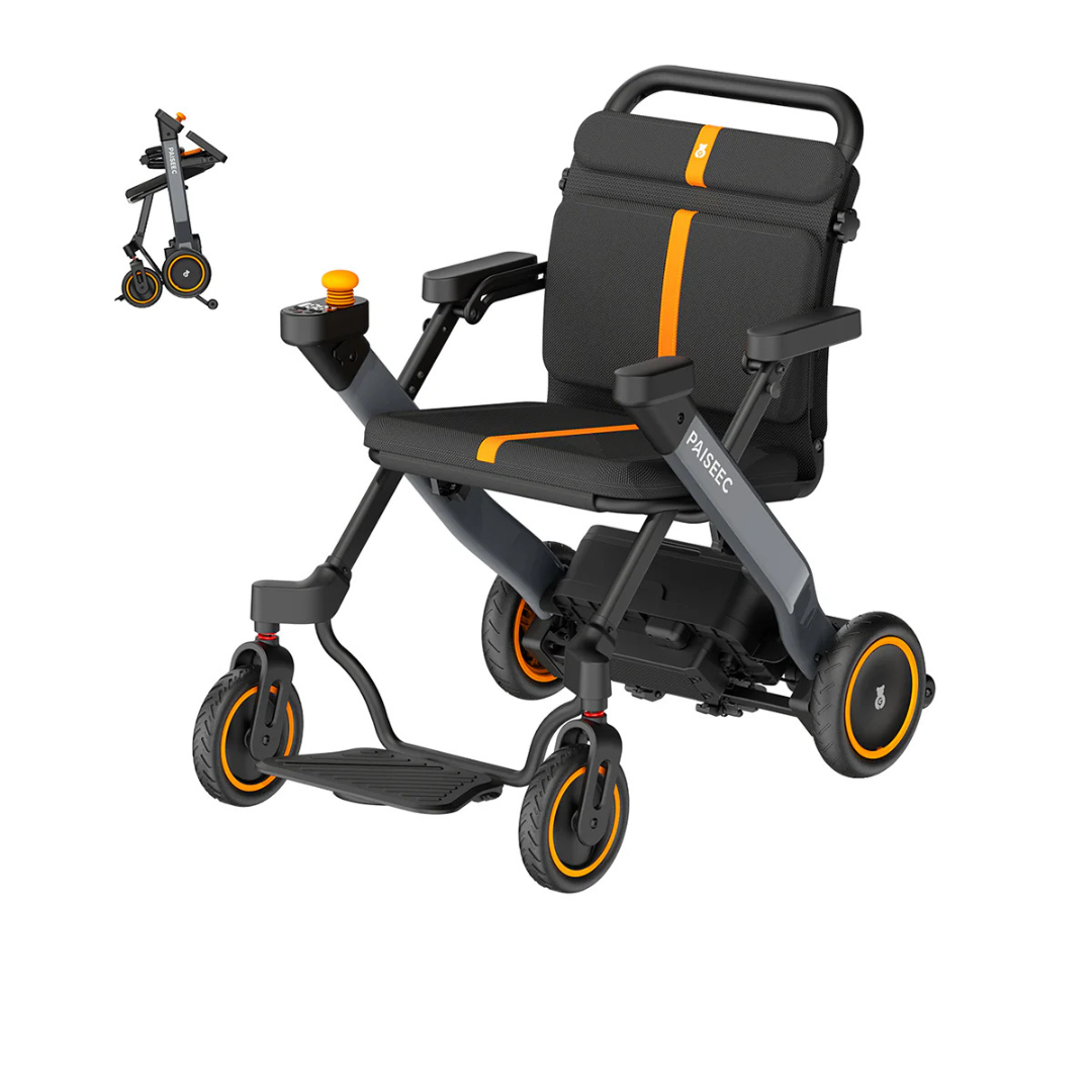 The Paiseec W1 2-in-1 Electric Wheelchair, ultralite at 42 lbs, comes in black and orange and features comfortable seating with a footrest. An inset image shows the wheelchair folded for easy portability.